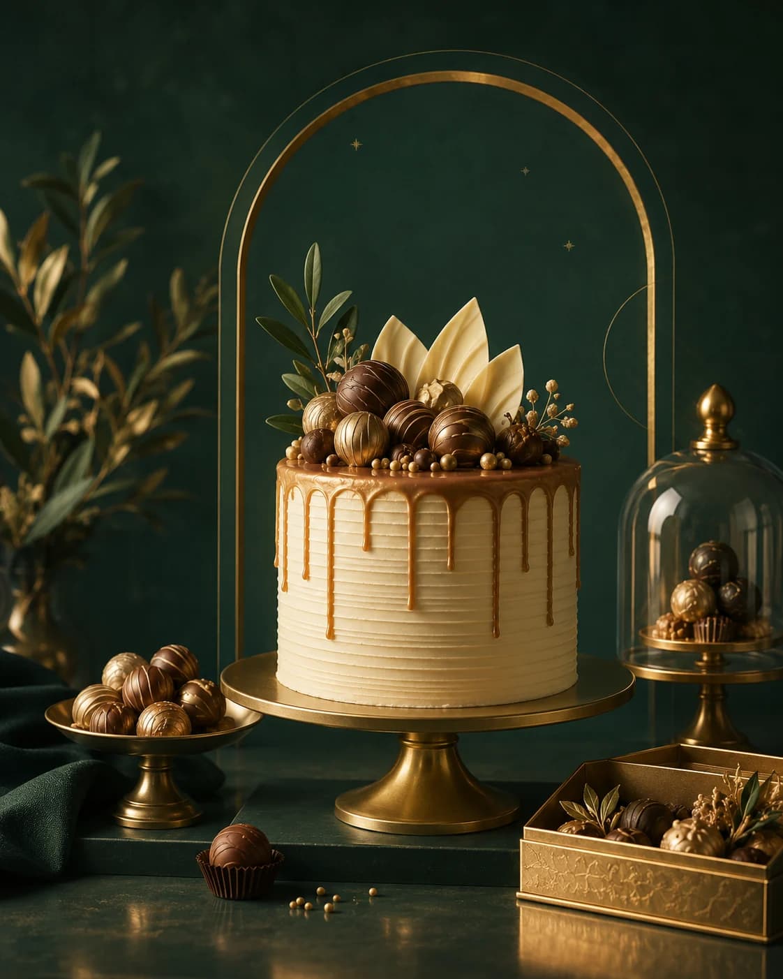 Composição refinada de bolo e chocolates artesanais da Deliciê